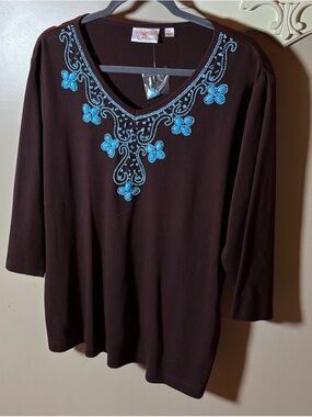 Quacker Factory Faux Turquoise Embellished Brown Tunic Tee Sz 1X NWOT QVC Boho